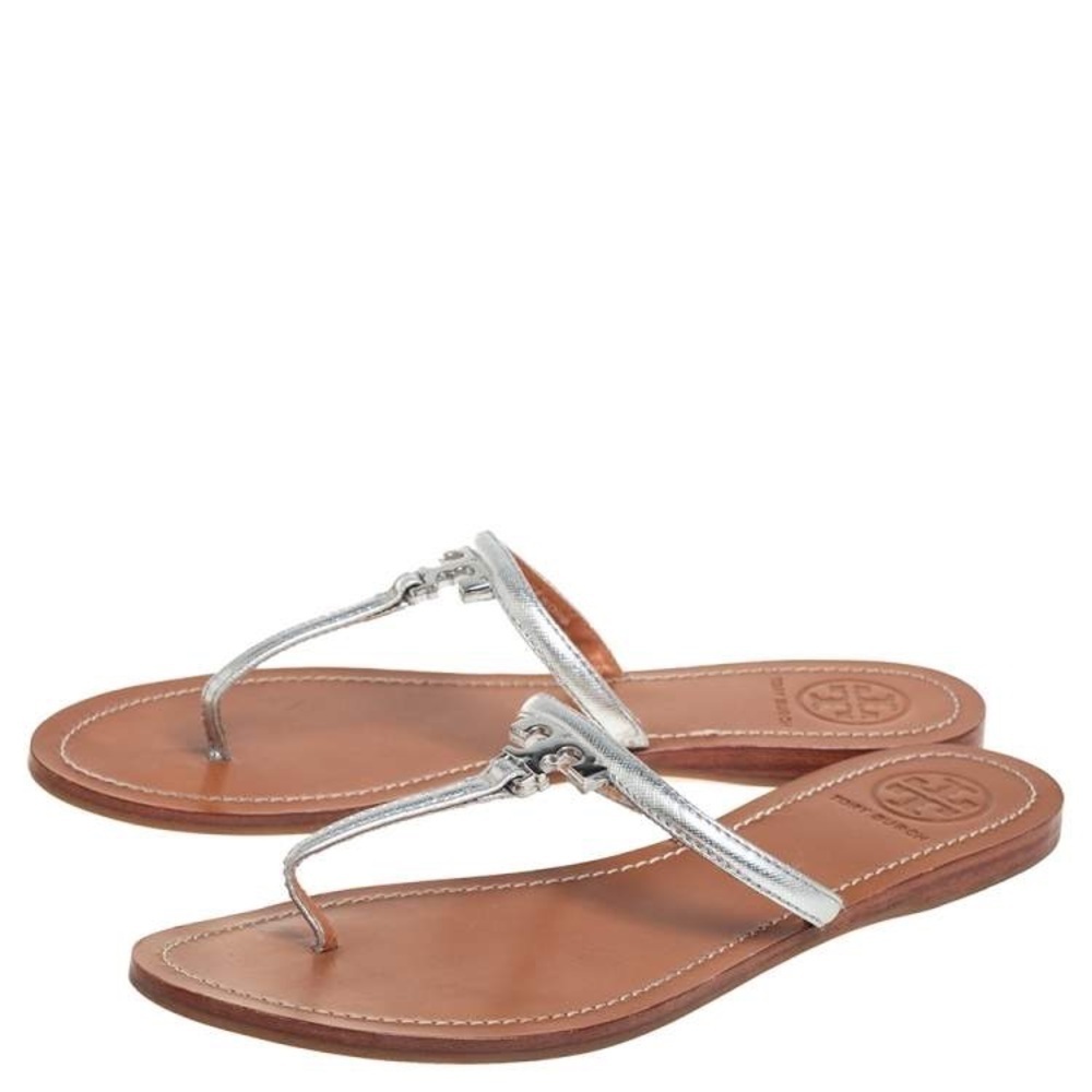 tory burch silver leather t-strap thong flip flops